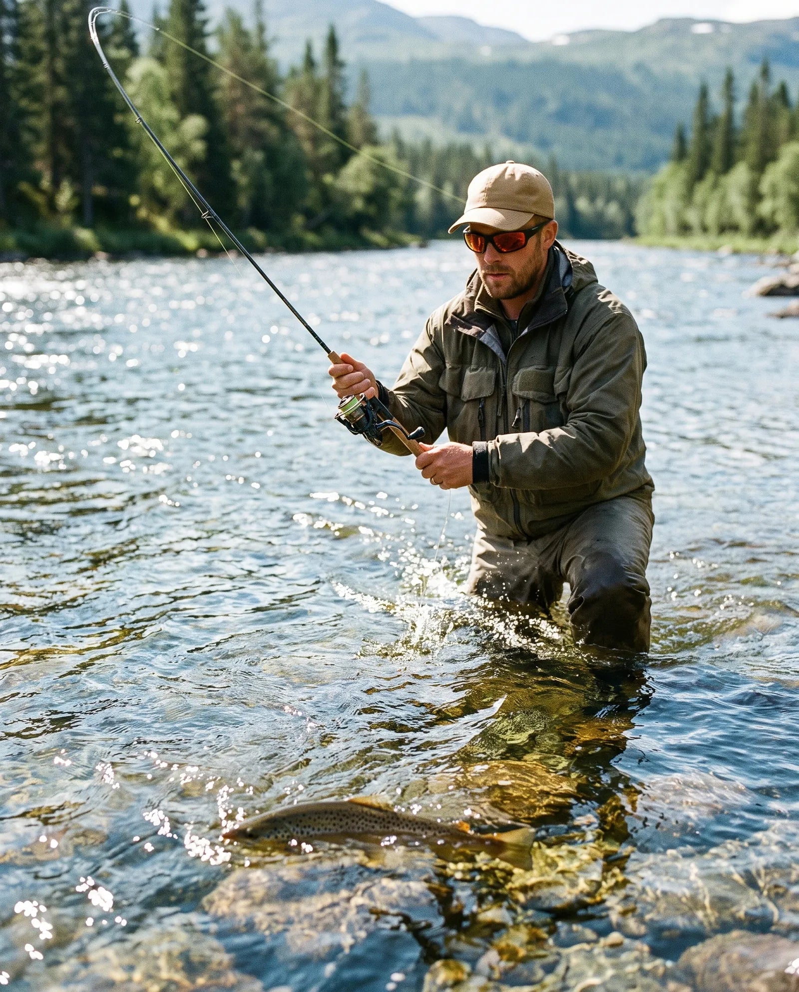 Angler casting in a clear river wearing Copper lenses